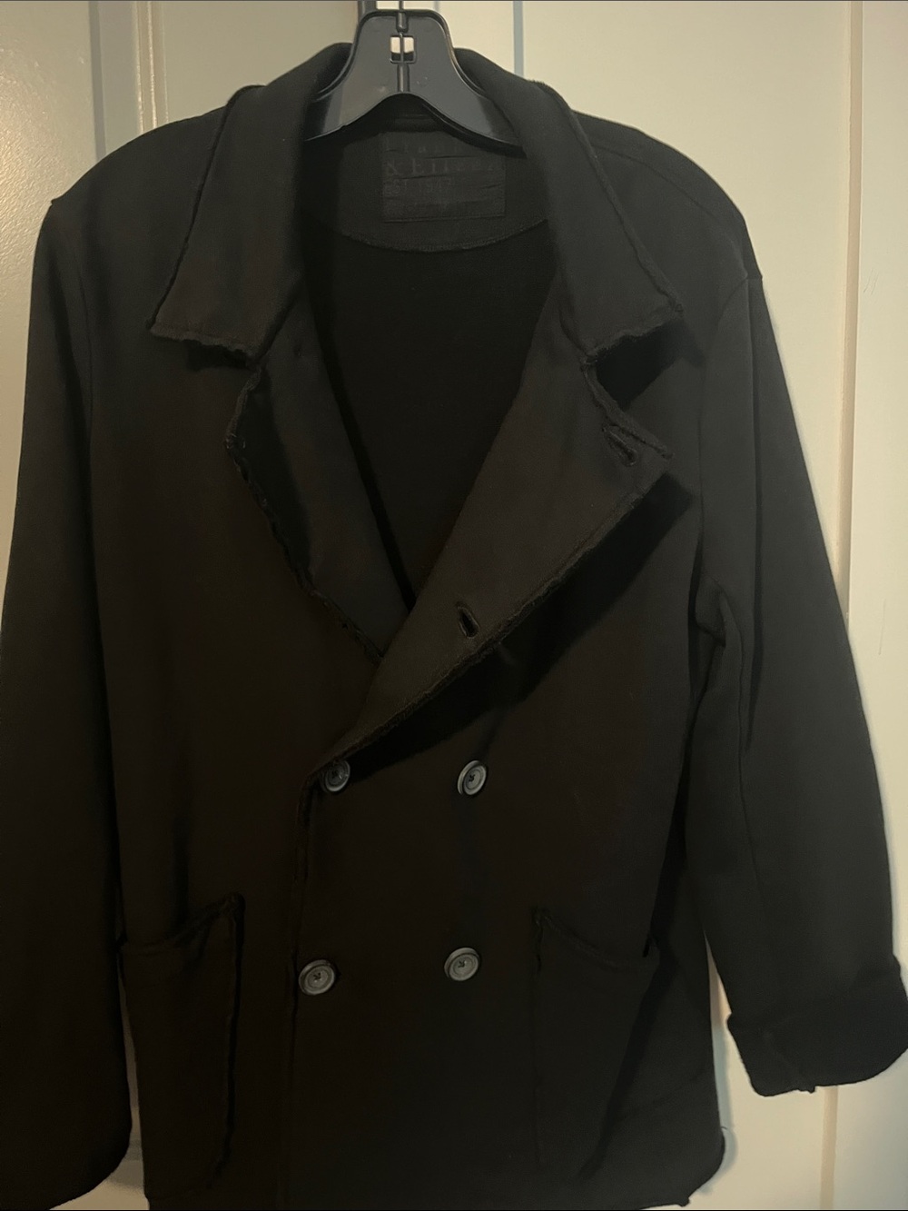 Frank & Eileen Black Double-Breasted Pea Coat Belfast triple terry